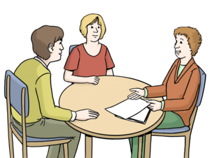 Drawing of three people at a table in conversation