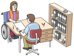 Drawing of two people at a table in an office