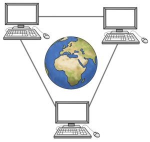 Drawing of three computers connected by lines and the earth in the middle