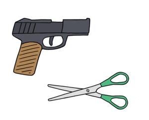 Drawing of a gun and a pair of scissors