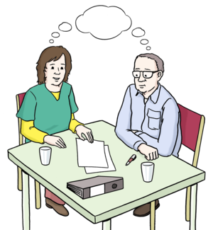 Drawing of two people sitting at a table with thought bubbles
