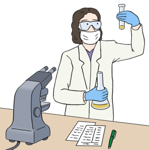 Drawing of a woman in a labcoat using flasks and a microscope